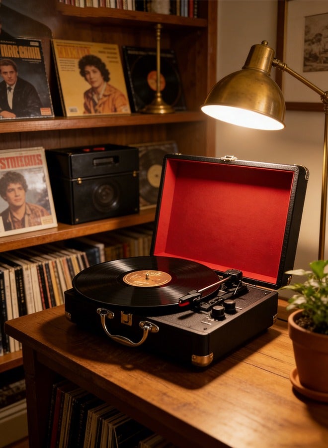 وانغبانغزي فونوغراف محمول كلاسيكي على شكل حقيبة سفر مع سماعات مدمجة,يعمل بثلاث سرعات مع ناقل حركة بالحزام,يدعم تشغيل الأسطوانات الفينيل والاتصال عبر بلوتوث/USB يحتوي على منفذ إدخال مساعد (AUX) ومنفذ إخراج آر سي إيه (RCA) - Image 1